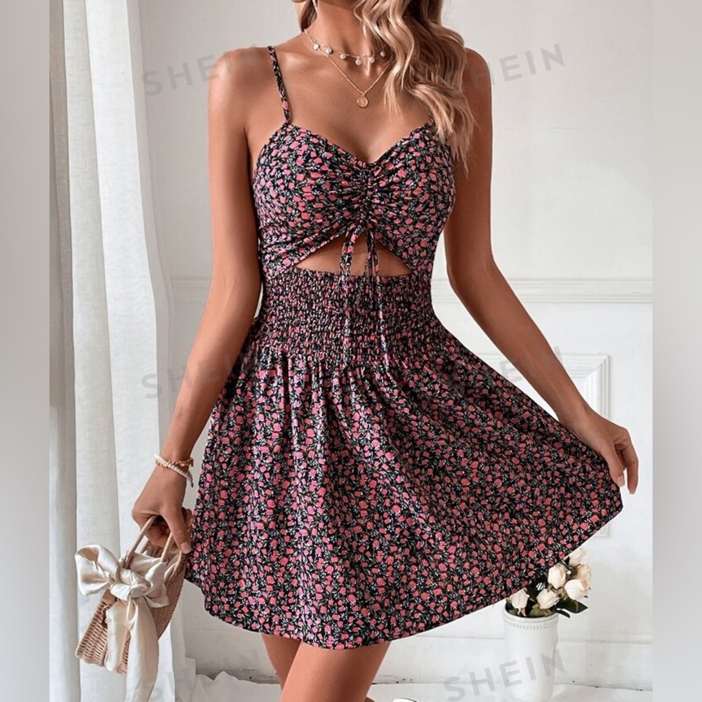 SHEIN Black and Pink Floral Mini Dress